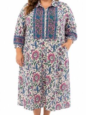 Mary Marshmallow White/Pink/Blue Floral Panel Front Shift Dress L